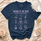 Dark blue t-shirt with "Mother of the Bride Surviving the Haunted Wedding" text and spooky wedding graphics.