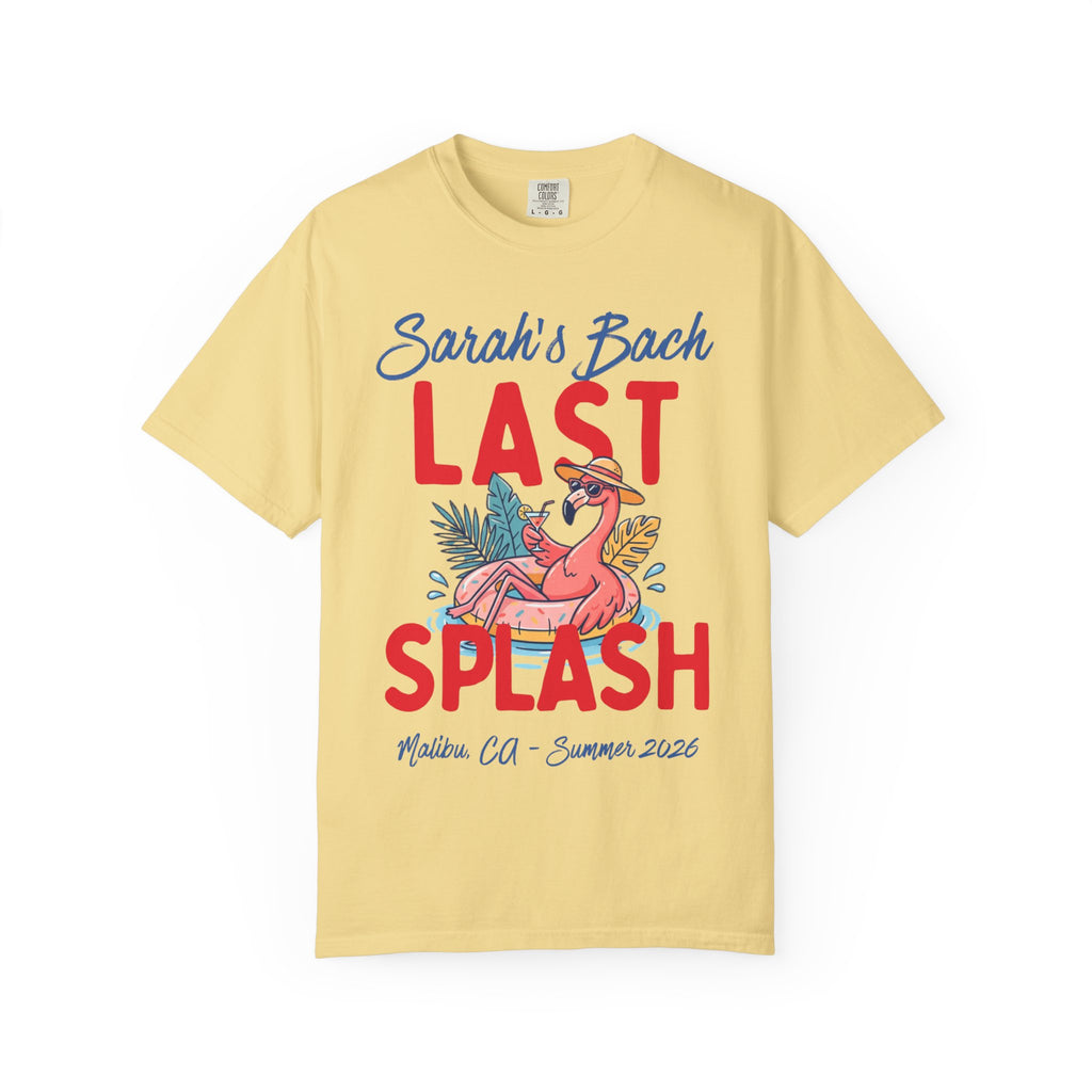 Yellow t-shirt with "Sarah's Bach Last Splash" and flamingo graphic.