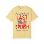 Yellow t-shirt with "Sarah's Bach Last Splash" and flamingo graphic.