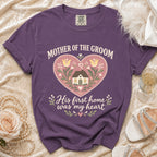 Purple t-shirt with "Mother of the Groom" and heart graphic.