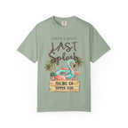 Sarah's Bach Last Splash t-shirt with flamingo, champagne, and palm trees.