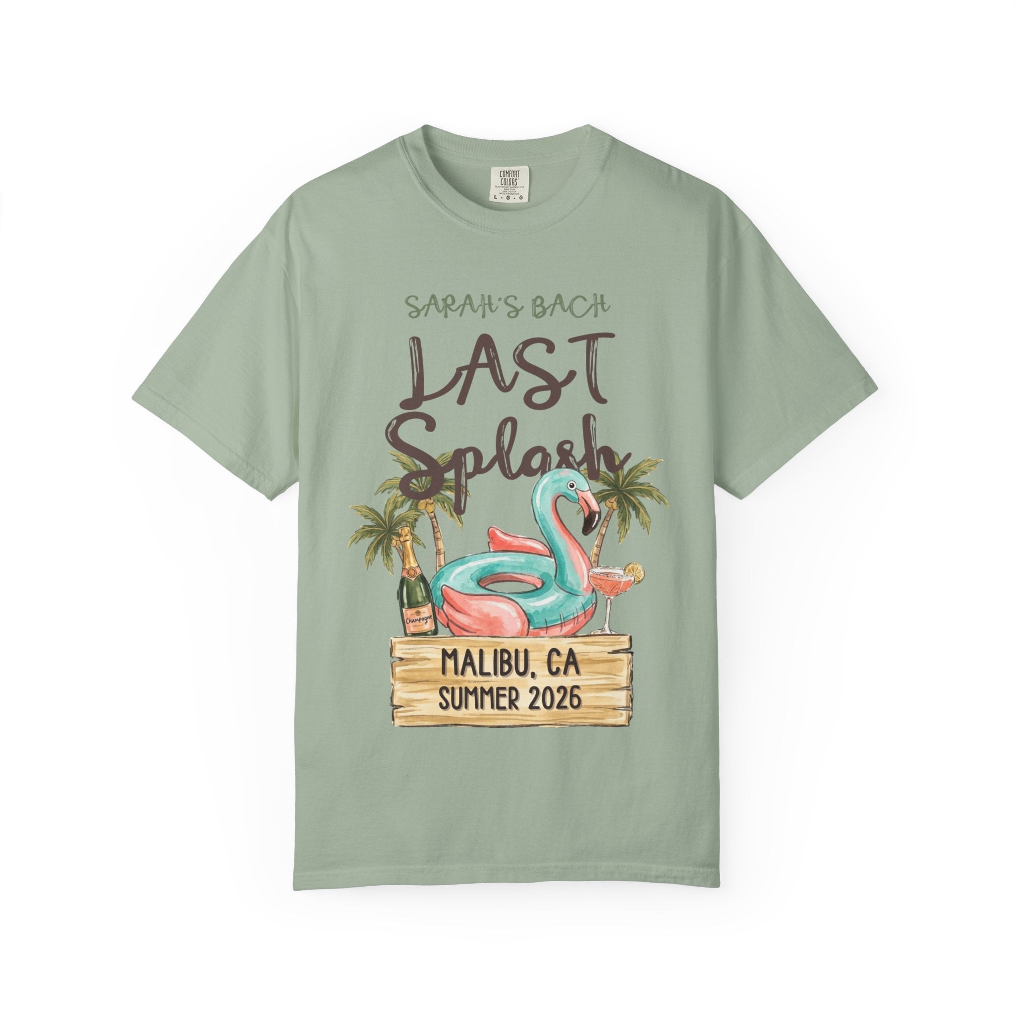 Sarah's Bach Last Splash t-shirt with flamingo, champagne, and palm trees.