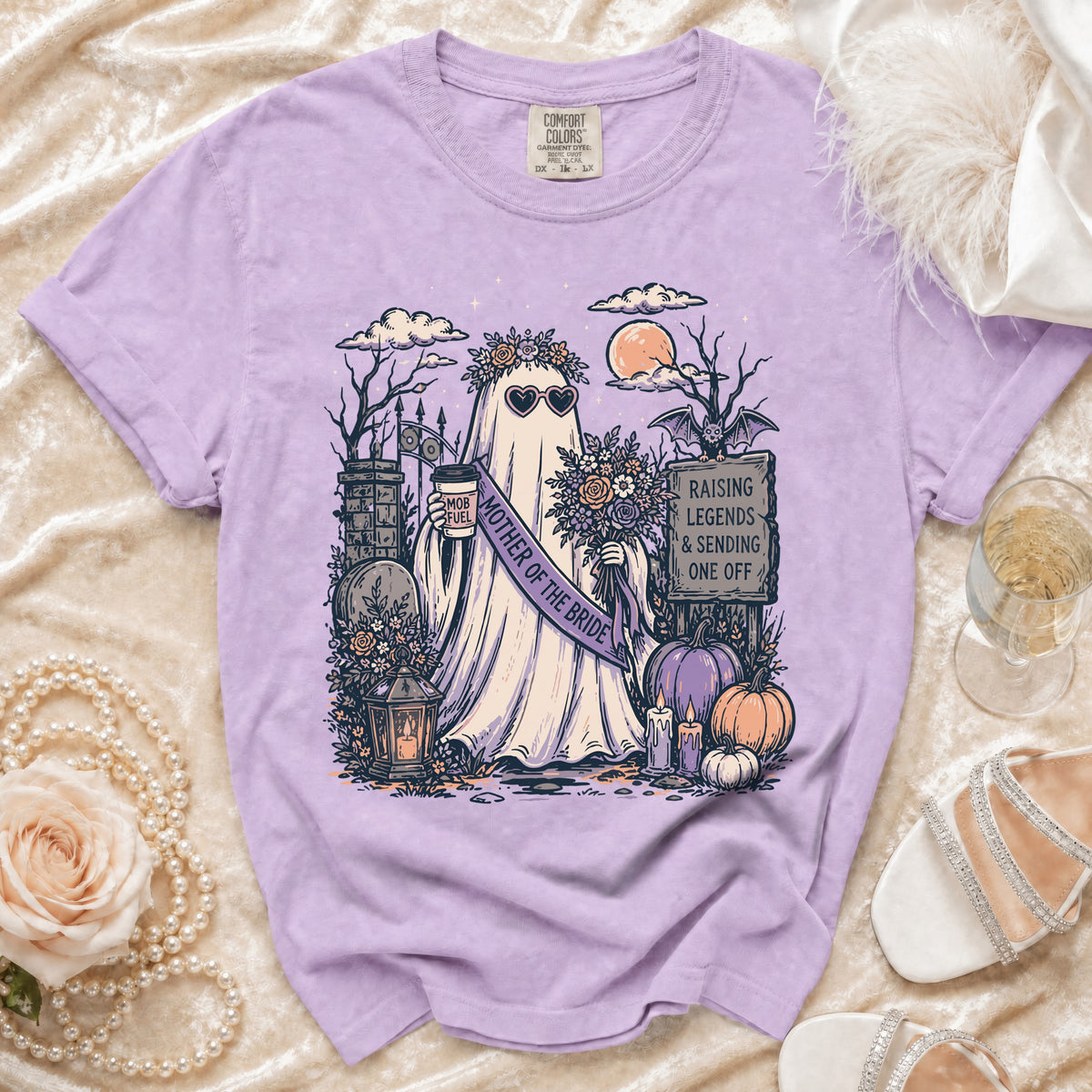 Ghost in floral crown and heart sunglasses holding coffee, wearing "Mother of the Bride" sash.