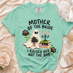 Mint green t-shirt with "Mother of the Bride I Raised Her Not The Boo" text and ghost design.