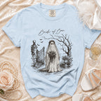 Light blue t-shirt with "Bride of Boo" graphic of a ghost bride and a gate.