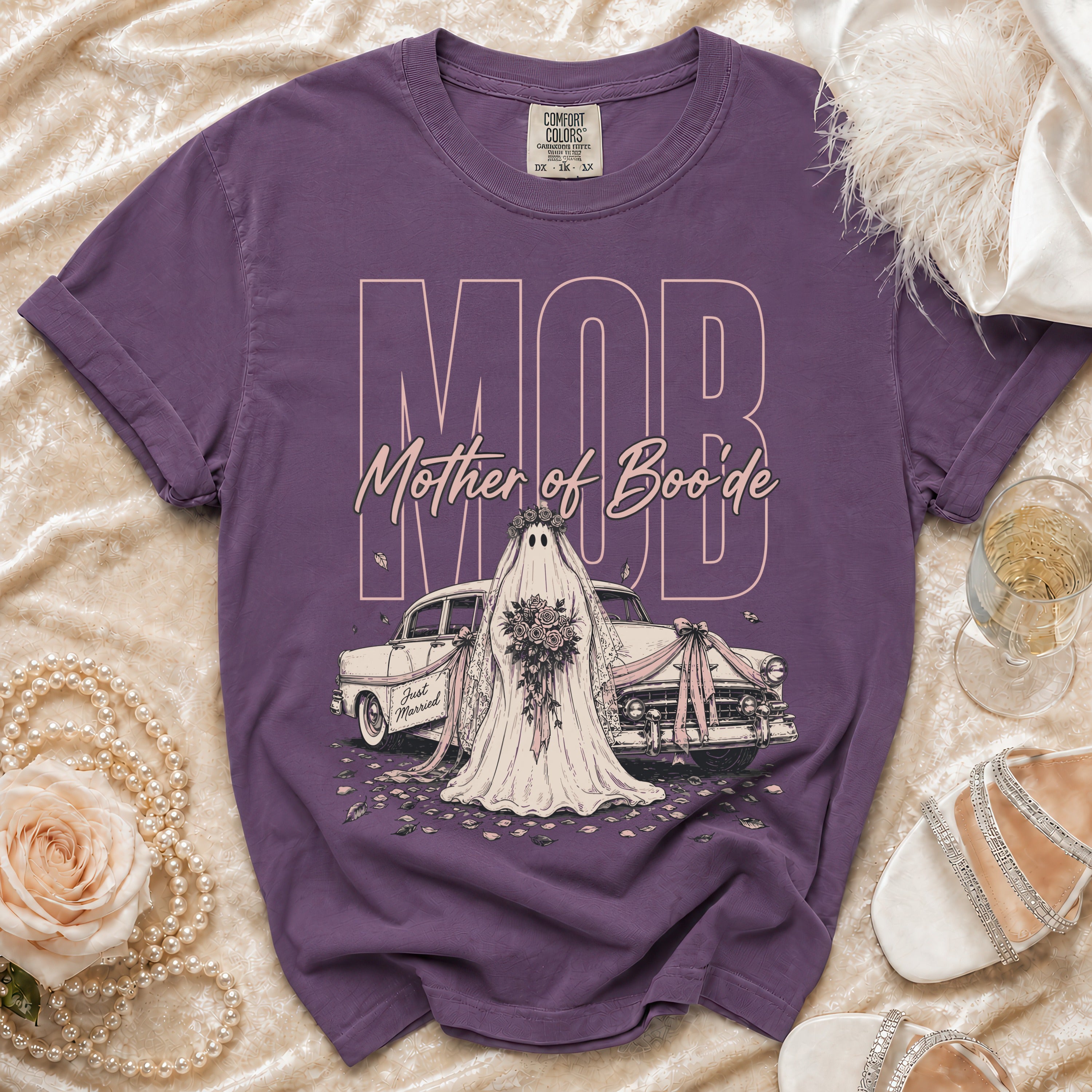 T-shirt graphic: "MOB Mother of Boo'de" with ghost bride in front of a "Just Married" car.