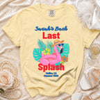 Yellow t-shirt with "Sarah's Bach Last Splash Malibu, CA Summer 2026" text and flamingo.
