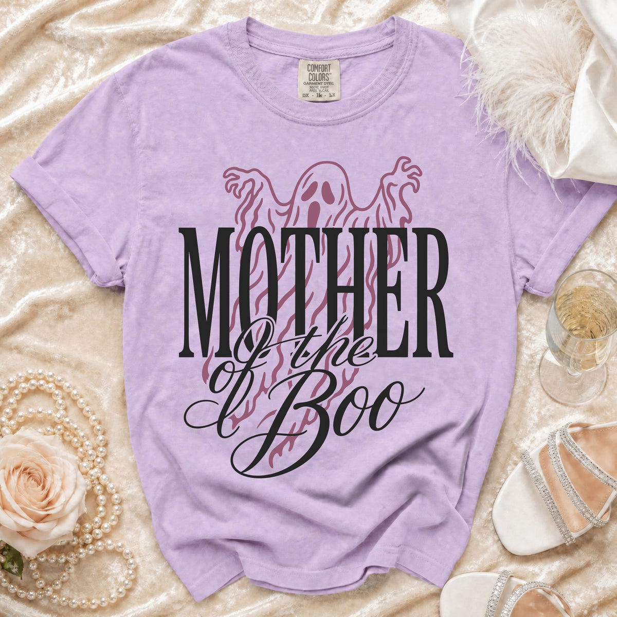 Lavender t-shirt with "Mother of the Boo" text and a ghost graphic.