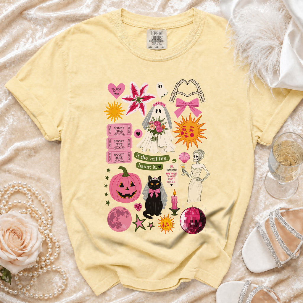 Yellow t-shirt with "if the veil fits, haunt it" and Halloween bride graphic.