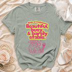 Bride of Frankenstein "Beautiful, busy, & barely stable" graphic t-shirt.
