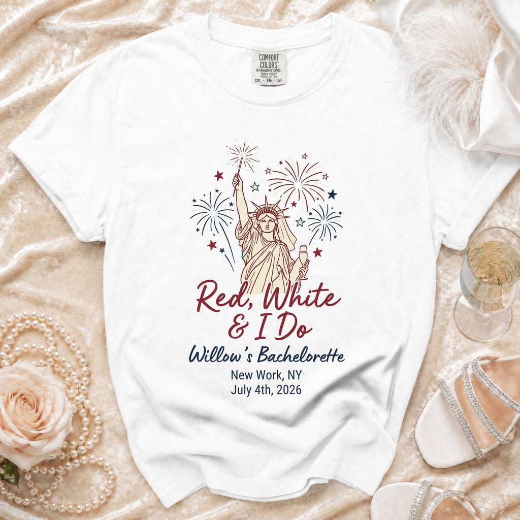 White t-shirt with "Red, White & I Do" and bachelorette details.