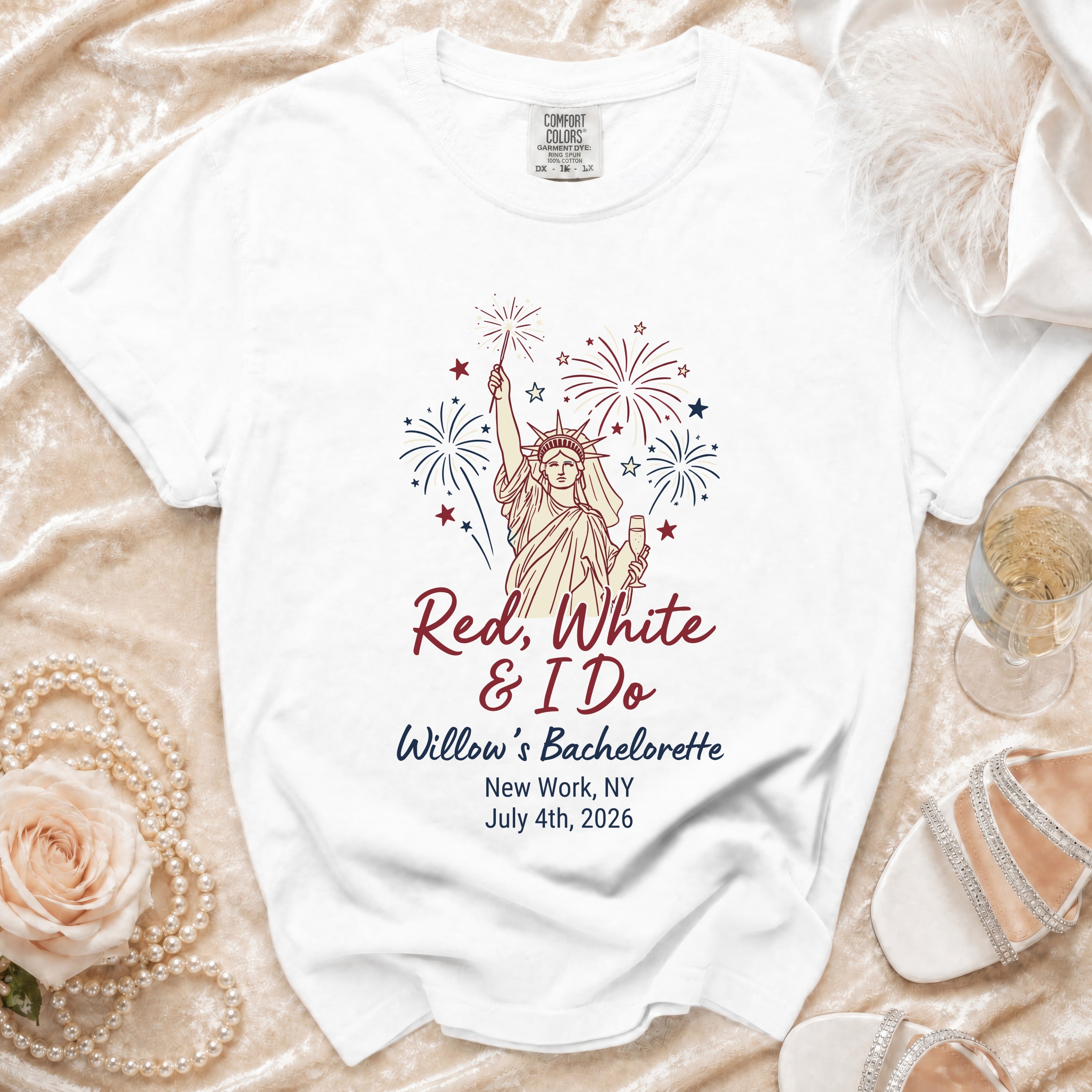 White t-shirt with "Red, White & I Do" and bachelorette details.