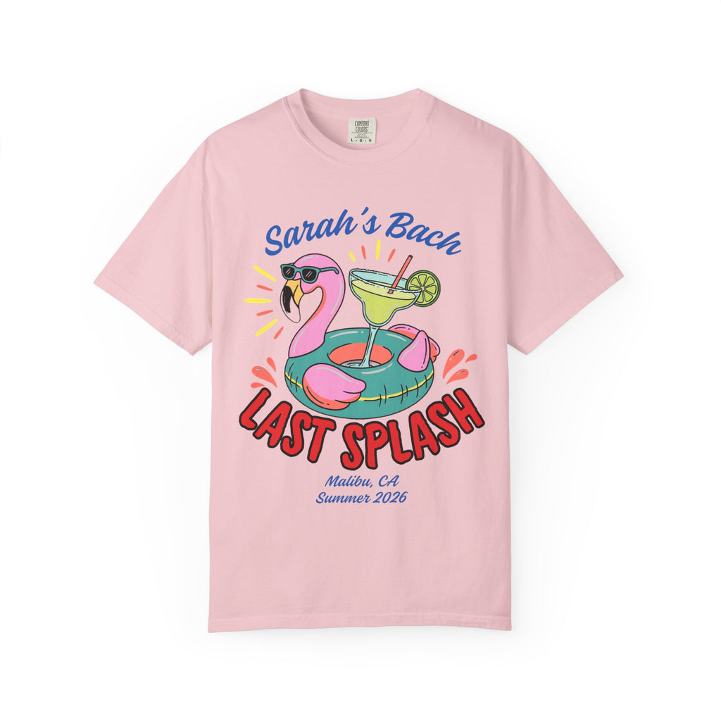 Flamingo pool float with cocktail, "Sarah's Bach Last Splash" text.