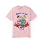 Flamingo pool float with cocktail, "Sarah's Bach Last Splash" text.