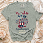 Red, White & I Do bachelorette t-shirt with patriotic hat and fireworks.