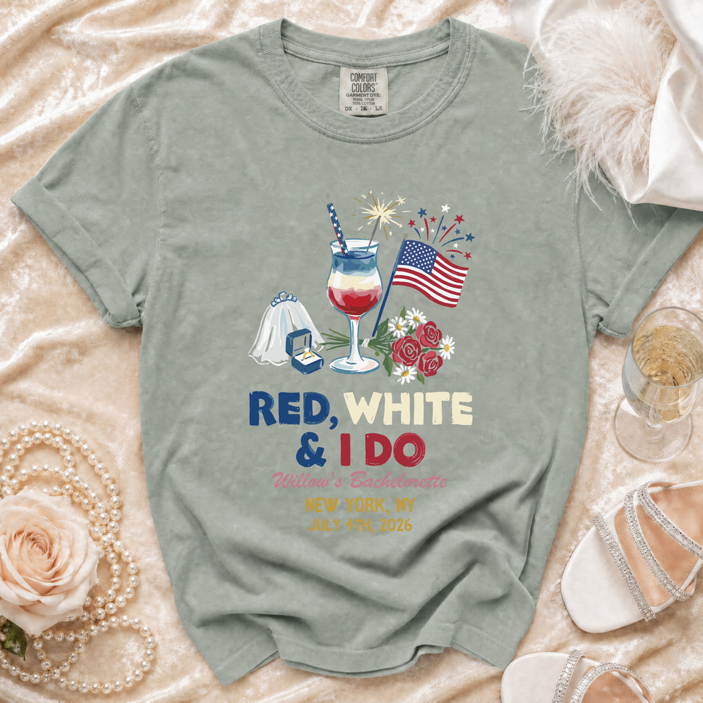 Red, White & I Do bachelorette t-shirt with fireworks and wedding ring.