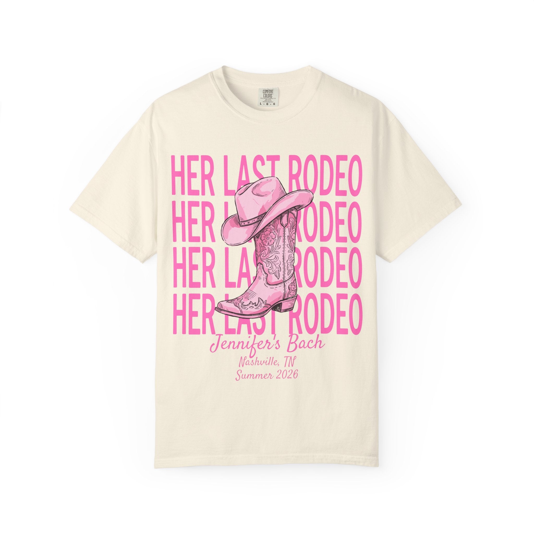 Cream t-shirt with "Her Last Rodeo" and a cowboy boot, Jennifer's Bach, Nashville.