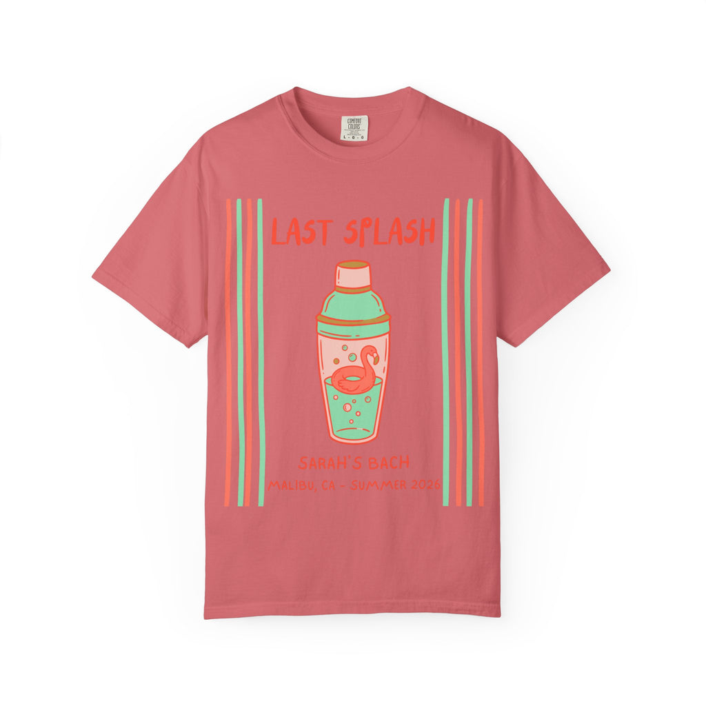 T-shirt with "Last Splash" and a cocktail shaker with a flamingo float.