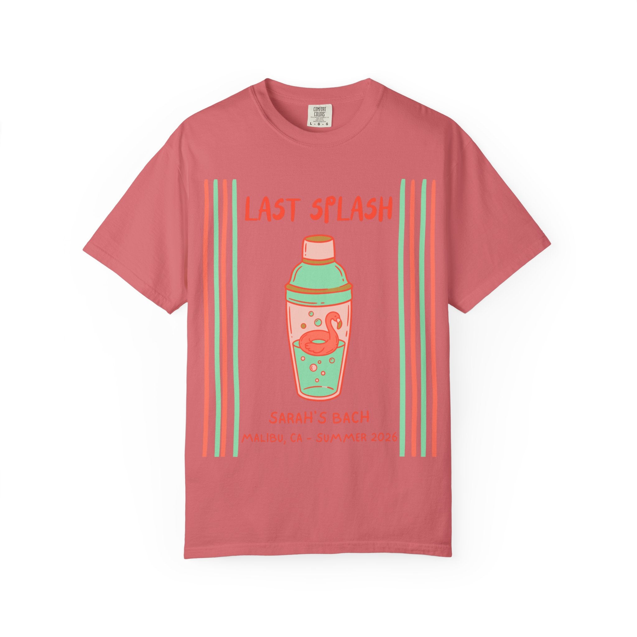 T-shirt with "Last Splash" and a cocktail shaker with a flamingo float.