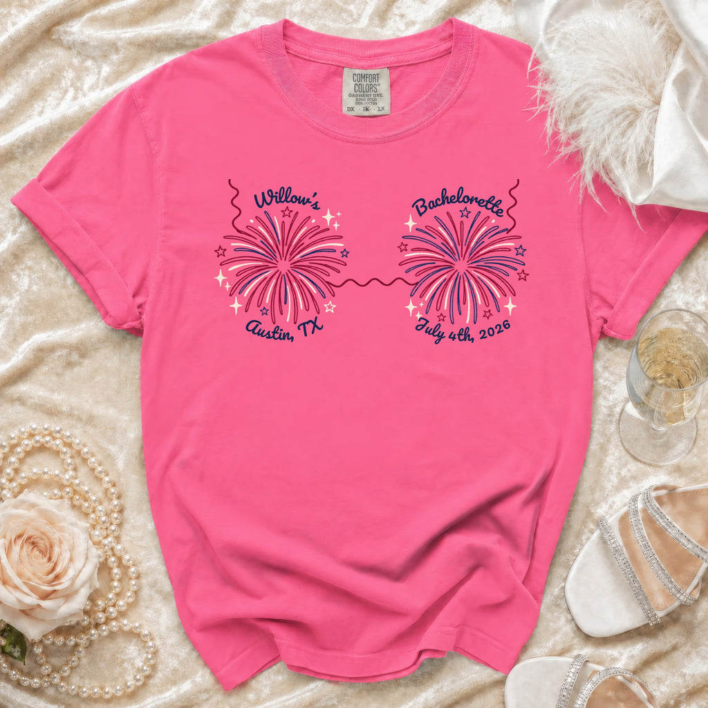 Pink t-shirt with "Willow's Bachelorette" and firework design.