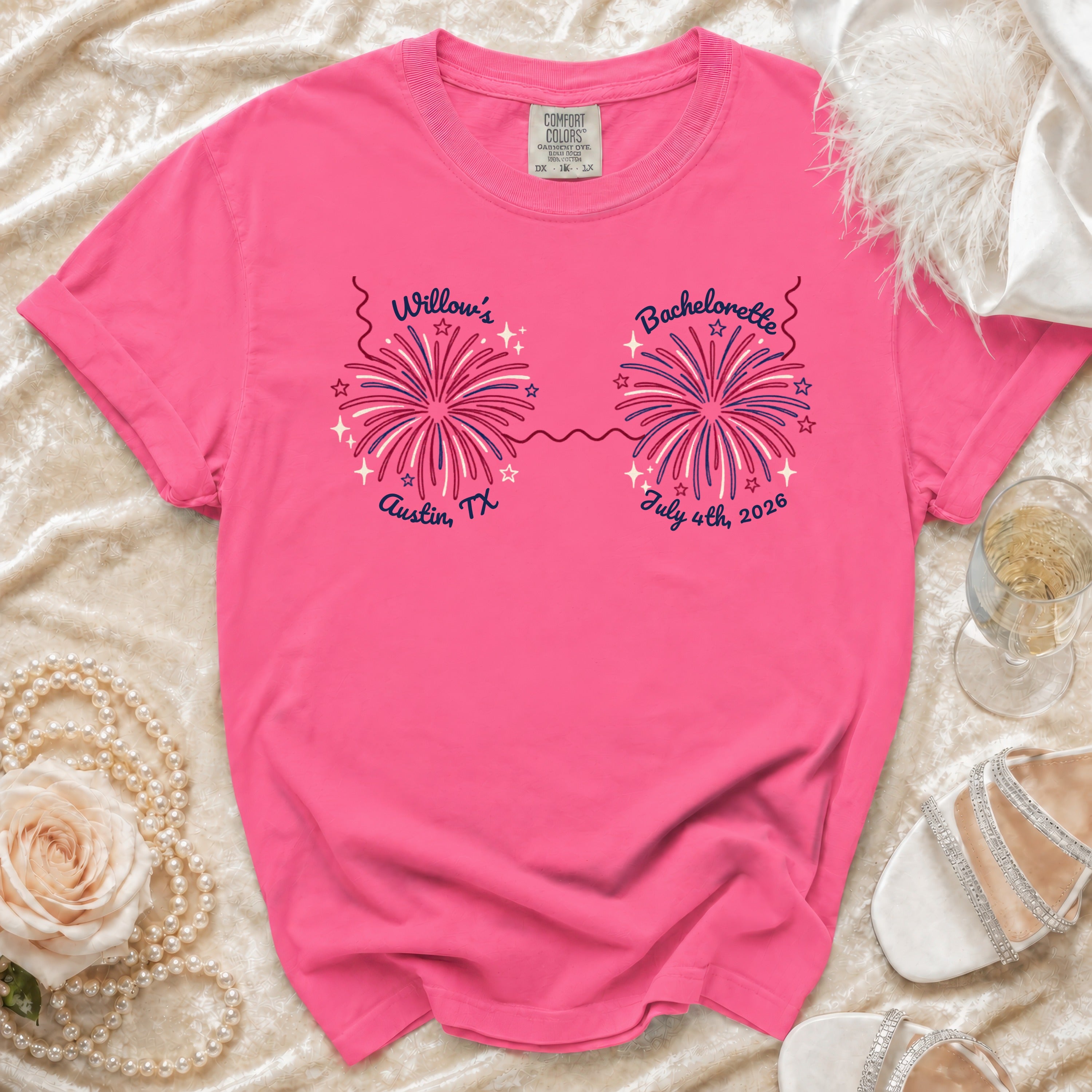 Pink t-shirt with "Willow's Bachelorette" and firework design.