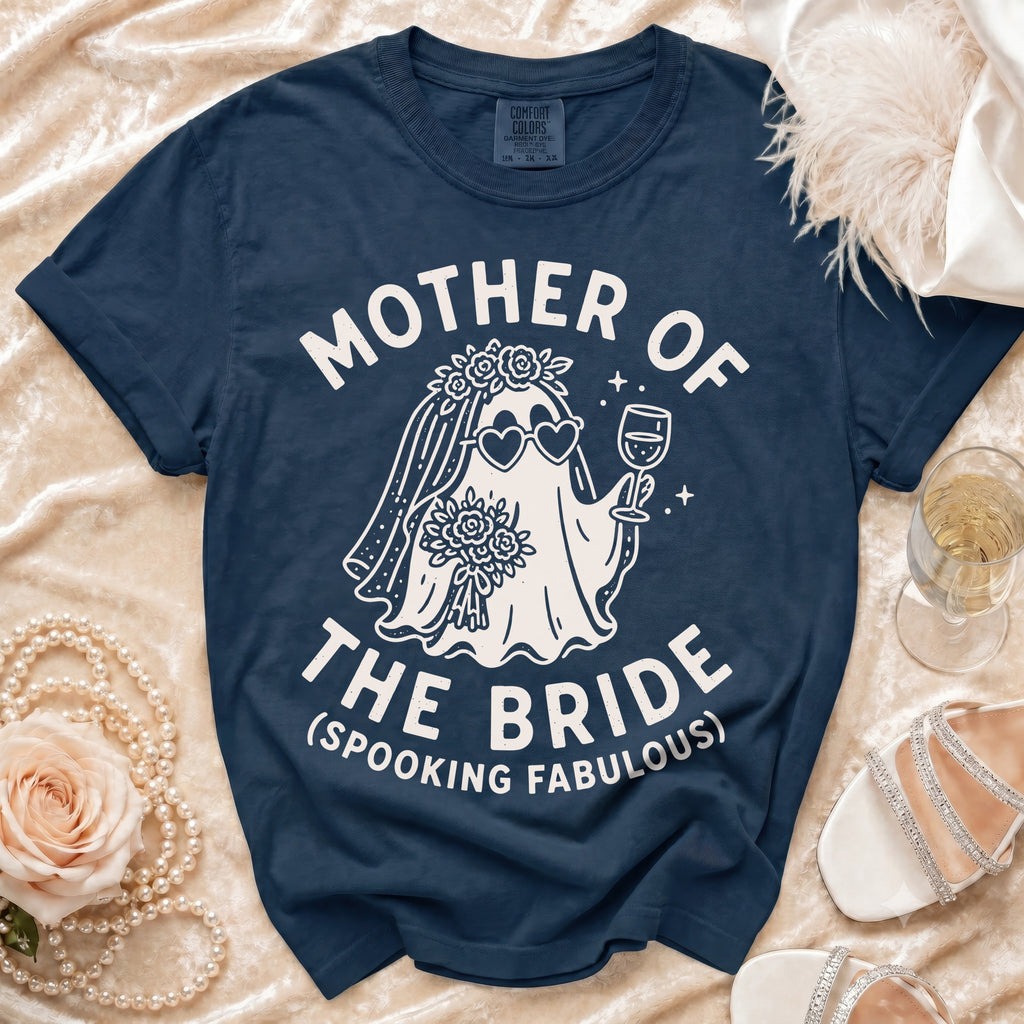 Navy t-shirt with "Mother of the Bride (Spooking Fabulous)" and a ghost bride graphic.