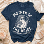 Navy t-shirt with "Mother of the Bride (Spooking Fabulous)" and a ghost bride graphic.