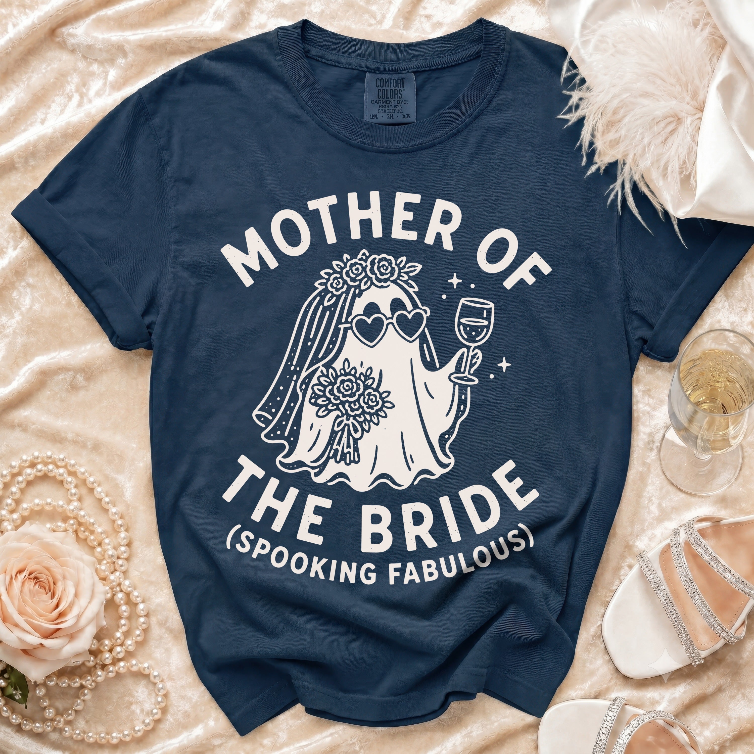 Navy t-shirt with "Mother of the Bride (Spooking Fabulous)" and a ghost bride graphic.