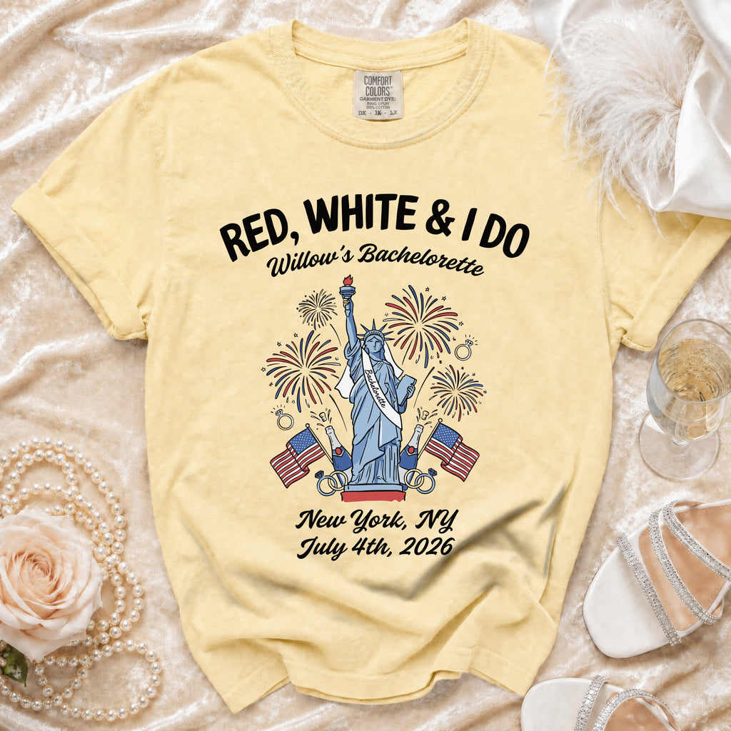 Red, White & I Do Willow's Bachelorette shirt with New York fireworks.