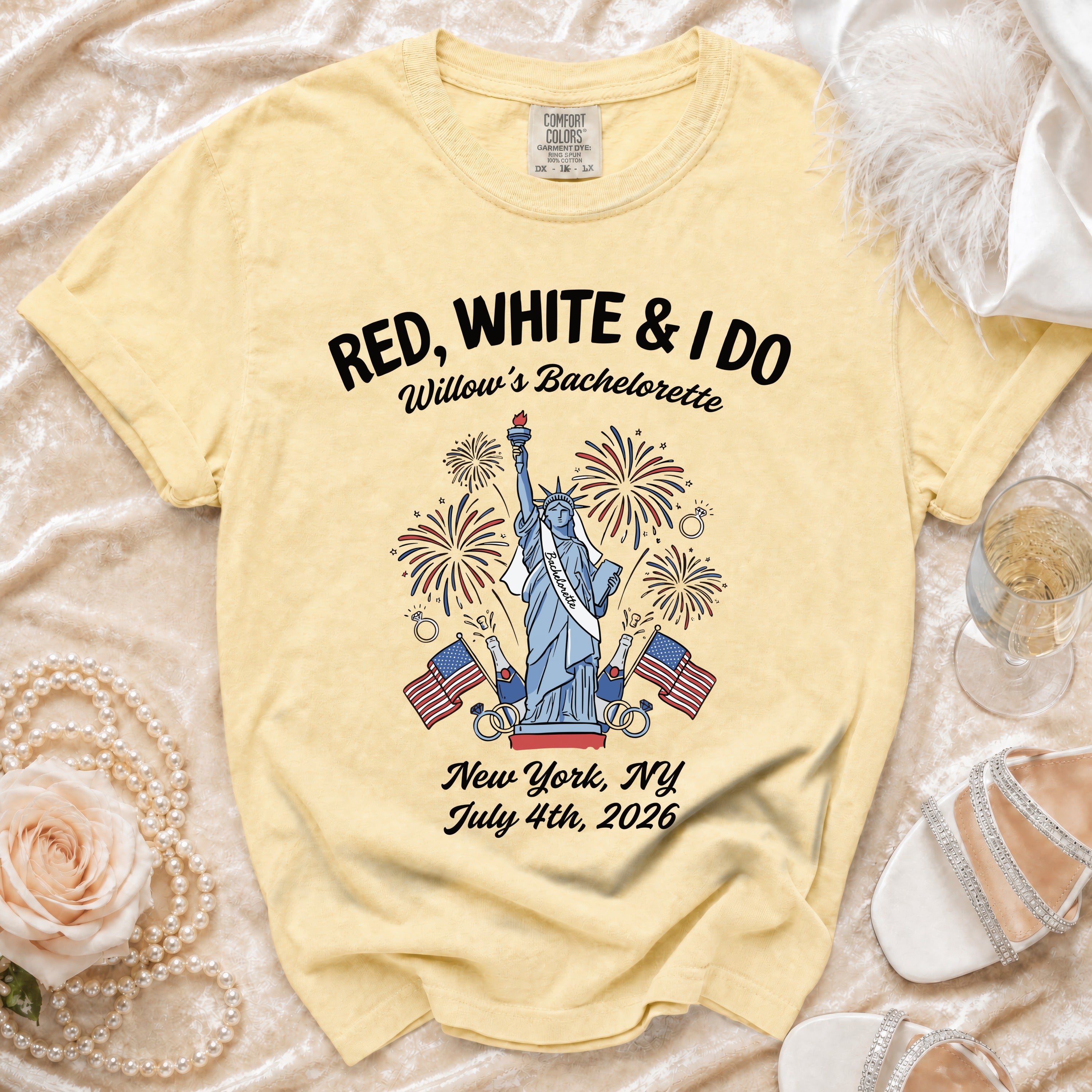 Red, White & I Do Willow's Bachelorette shirt with New York fireworks.