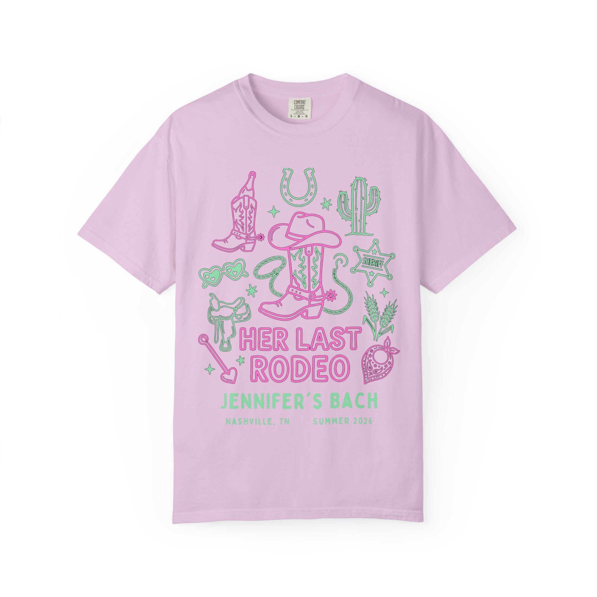 Pink t-shirt with "Her Last Rodeo" and western graphics for Jennifer's Bach.