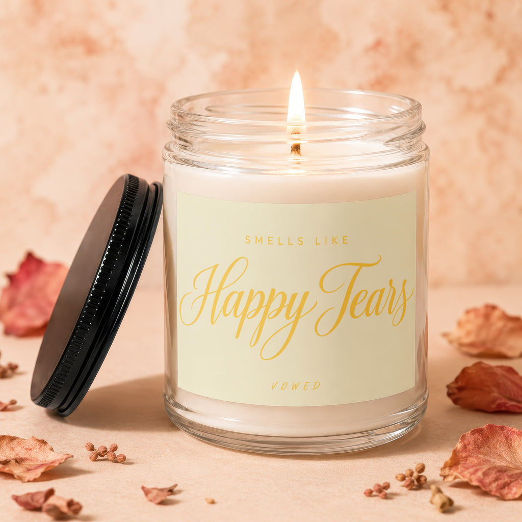Candle with label "Smells like Happy Tears" and "vowed" in a glass jar with lid.