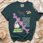 Lucky Spooky Season mother of the bride t-shirt with ghost, text, and 777 graphic.