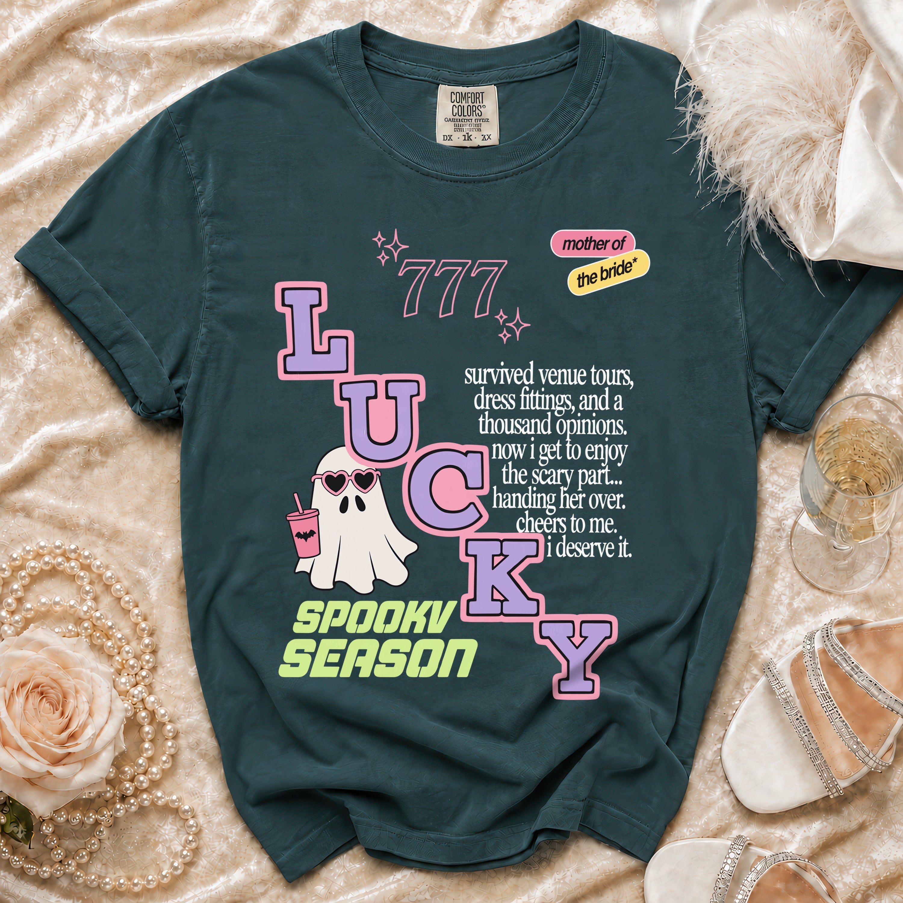 Lucky Spooky Season mother of the bride t-shirt with ghost, text, and 777 graphic.