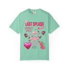 Mint t-shirt with "Last Splash Sarah's Bach" text, champagne, roses, and butterflies.