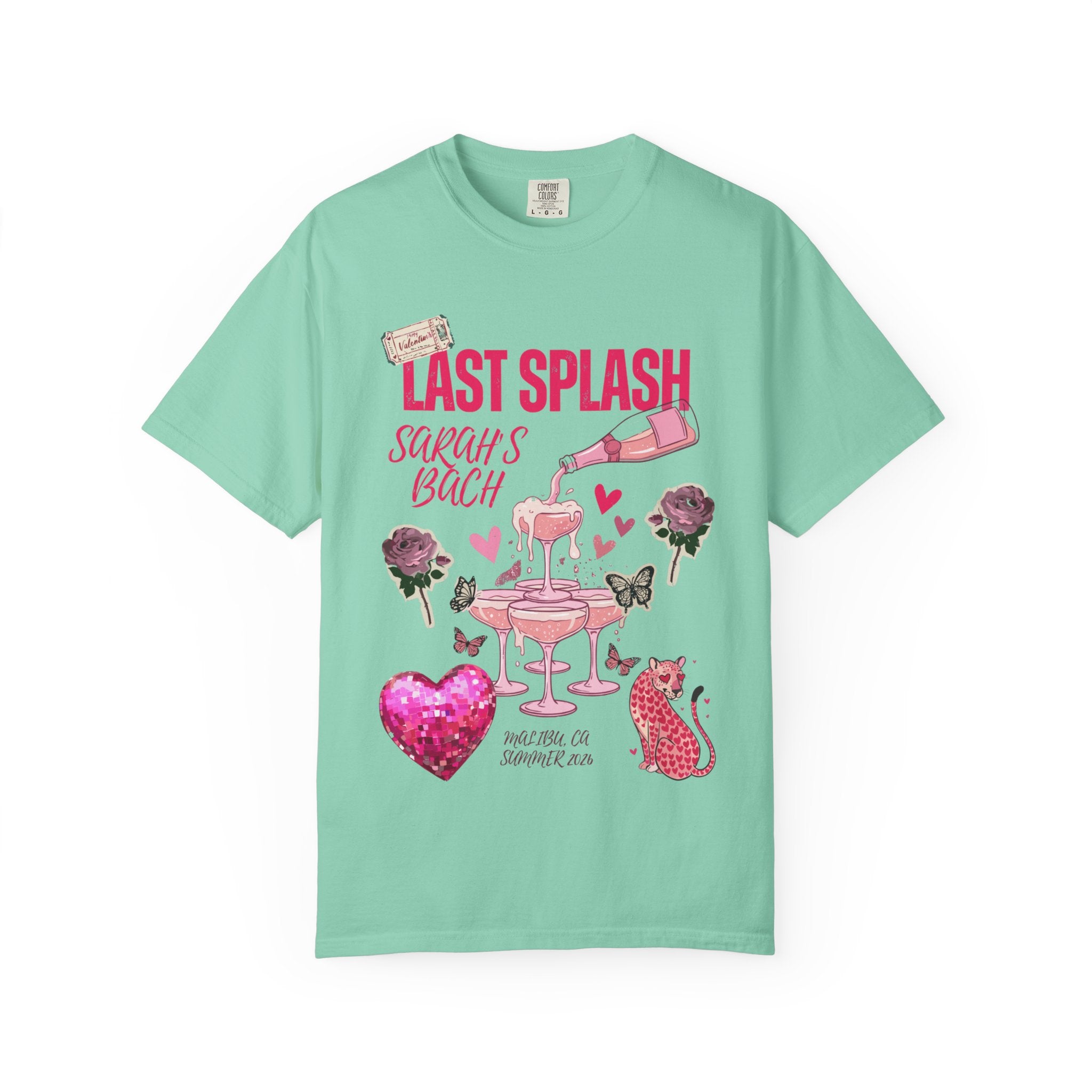 Mint t-shirt with "Last Splash Sarah's Bach" text, champagne, roses, and butterflies.