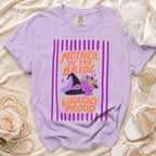 Purple t-shirt with "Mother of the Bride Wickedly Proud" and witch hat graphic.