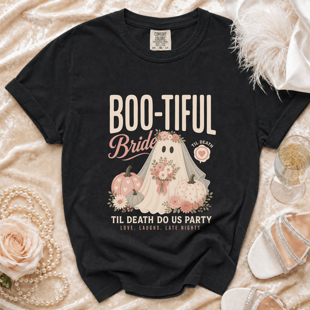 Black t-shirt with "Boo-tiful Bride" and ghost graphic saying "Til Death Do Us Party."