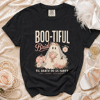 Black t-shirt with "Boo-tiful Bride" and ghost graphic saying "Til Death Do Us Party."