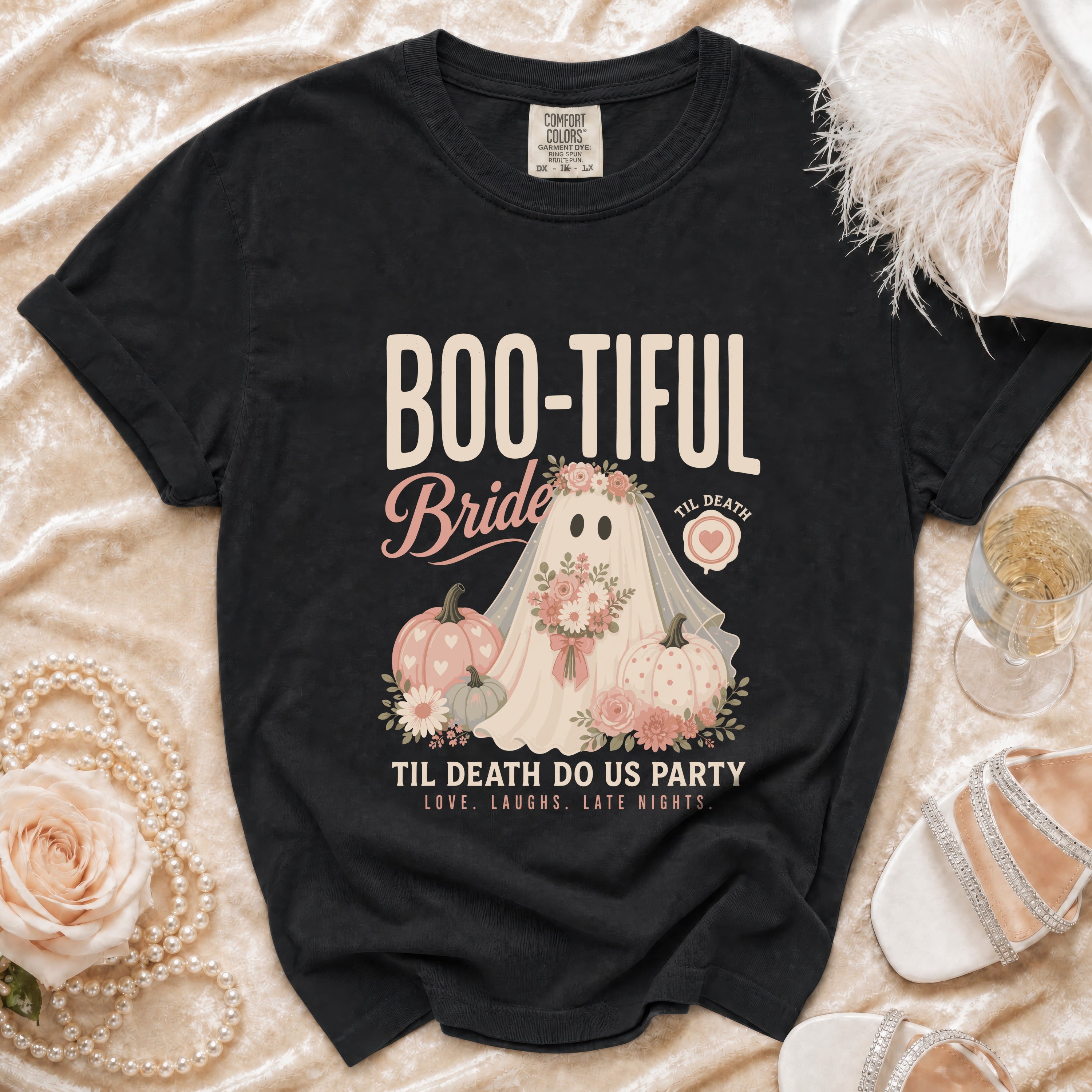 Black t-shirt with "Boo-tiful Bride" and ghost graphic saying "Til Death Do Us Party."