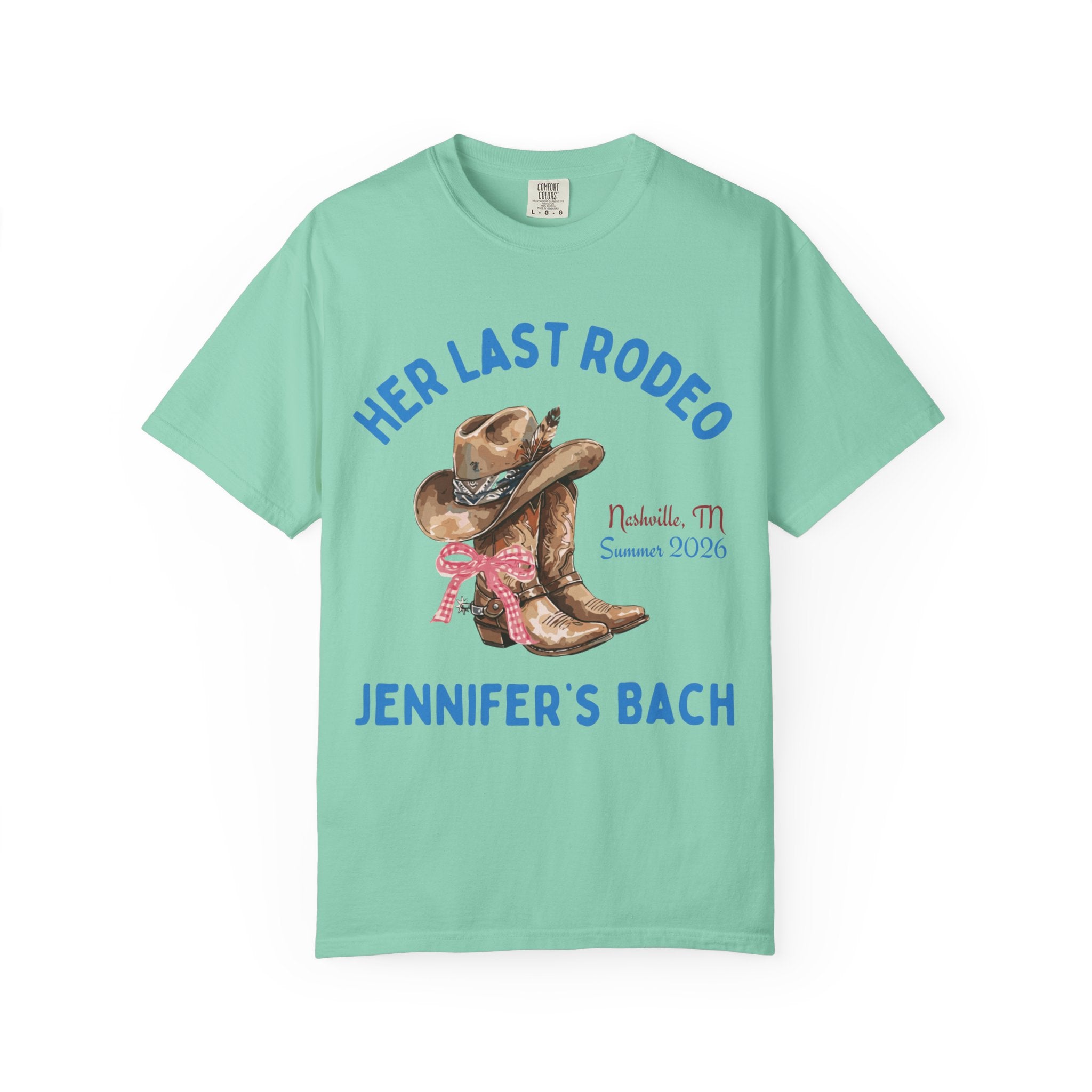 Cowboy boots and hat with "Her Last Rodeo Nashville, TN Summer 2026 Jennifer's Bach" text.