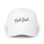 A white dad hat with embroidered navy blue script text reading Nash Bash centered on the front panels.