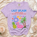 Comfort Colors t-shirt with "Last Splash Sarah's Bach Malibu CA Summer 2026" text and graphics.