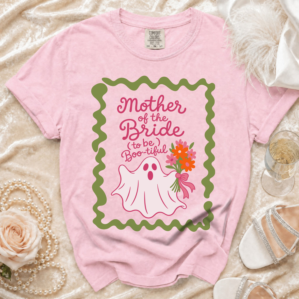 Pink t-shirt with "Mother of the Bride (to be) Boo-tiful" text and a ghost graphic.