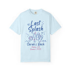 Light blue t-shirt with "Last Splash Sarah's Bach Malibu, CA Summer 2026" and shell graphics.