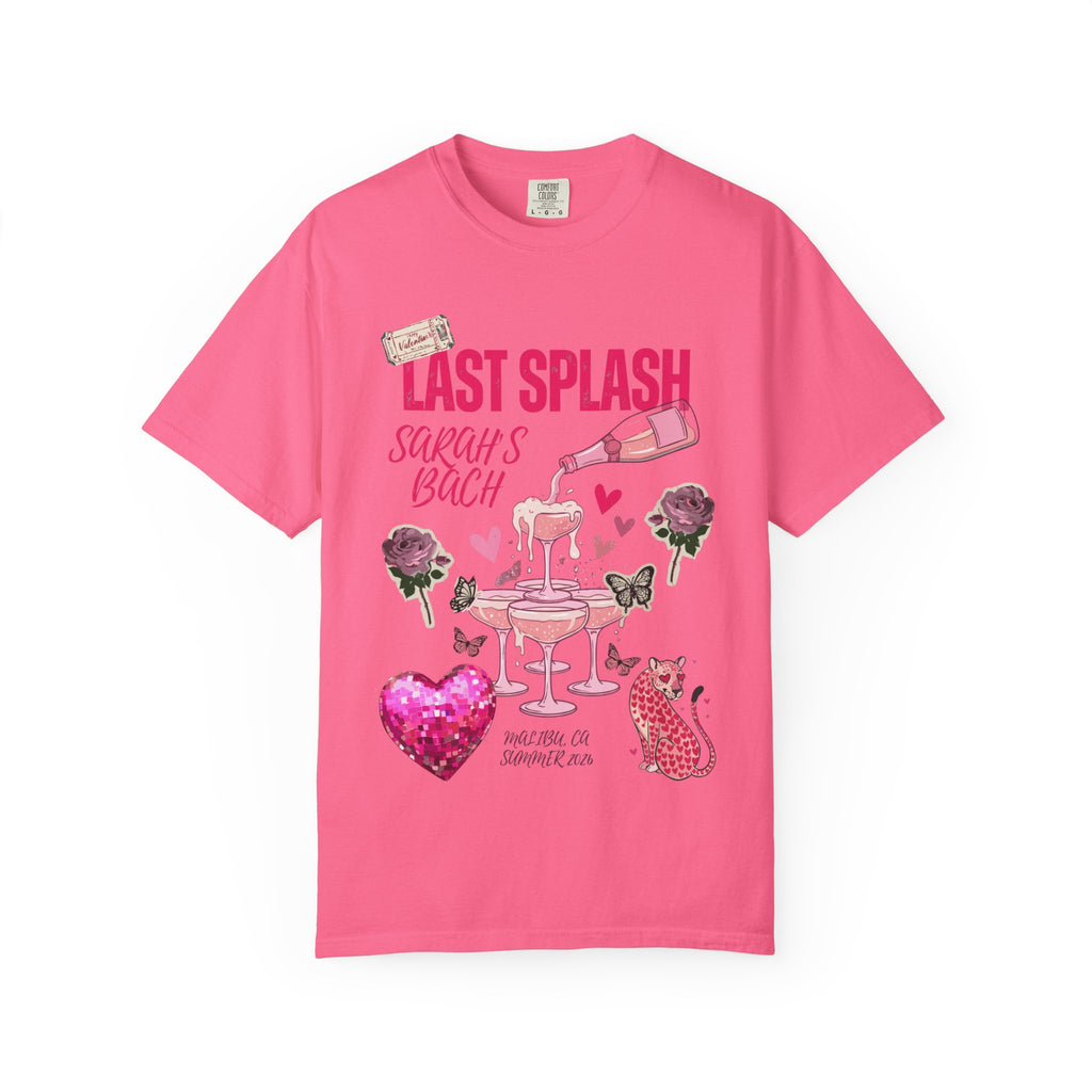 Pink t-shirt with "Last Splash Sarah's Bach" and playful graphics.