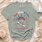 Bride bachelorette t-shirt with "Red, White & I Do" text and fireworks.