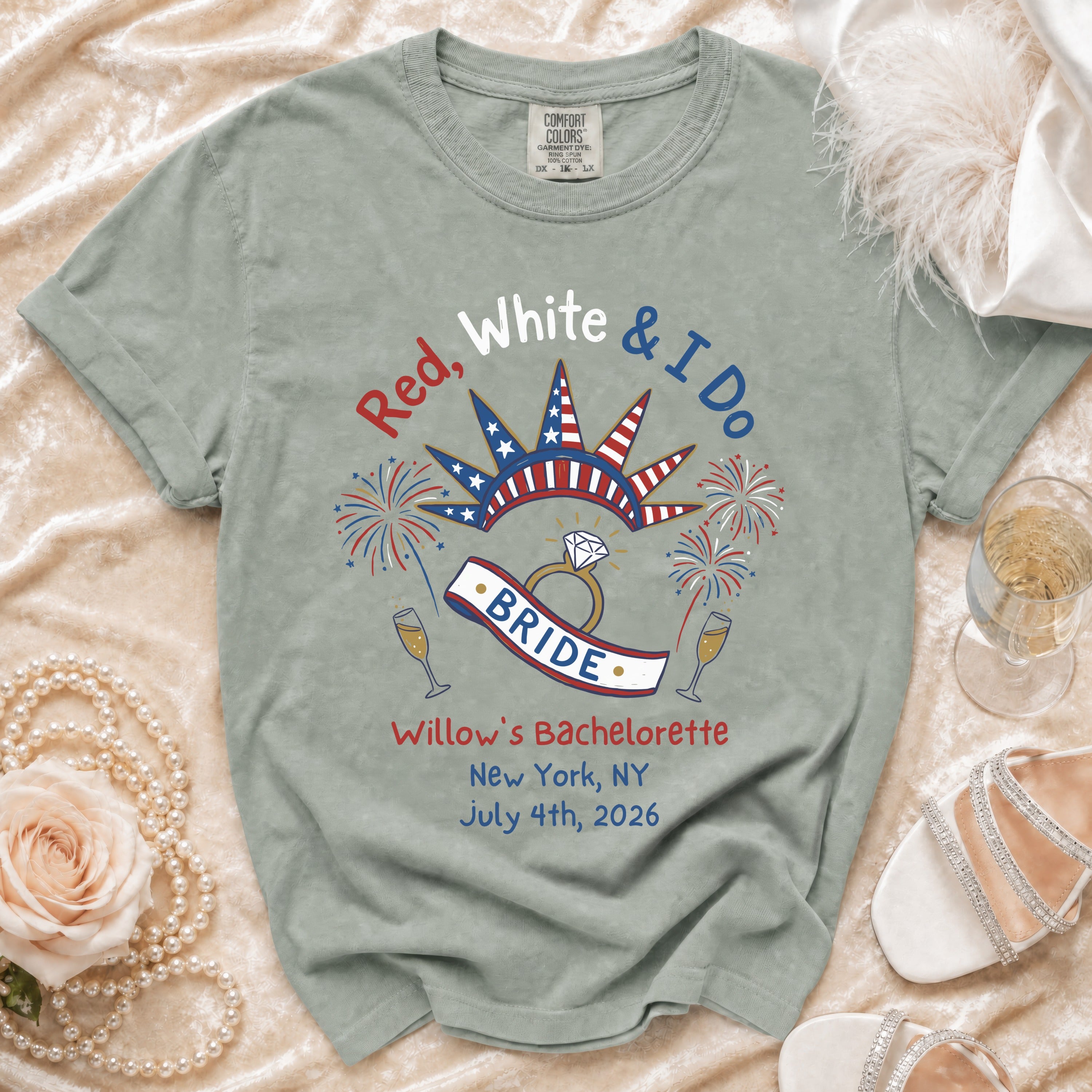 Bride bachelorette t-shirt with "Red, White & I Do" text and fireworks.