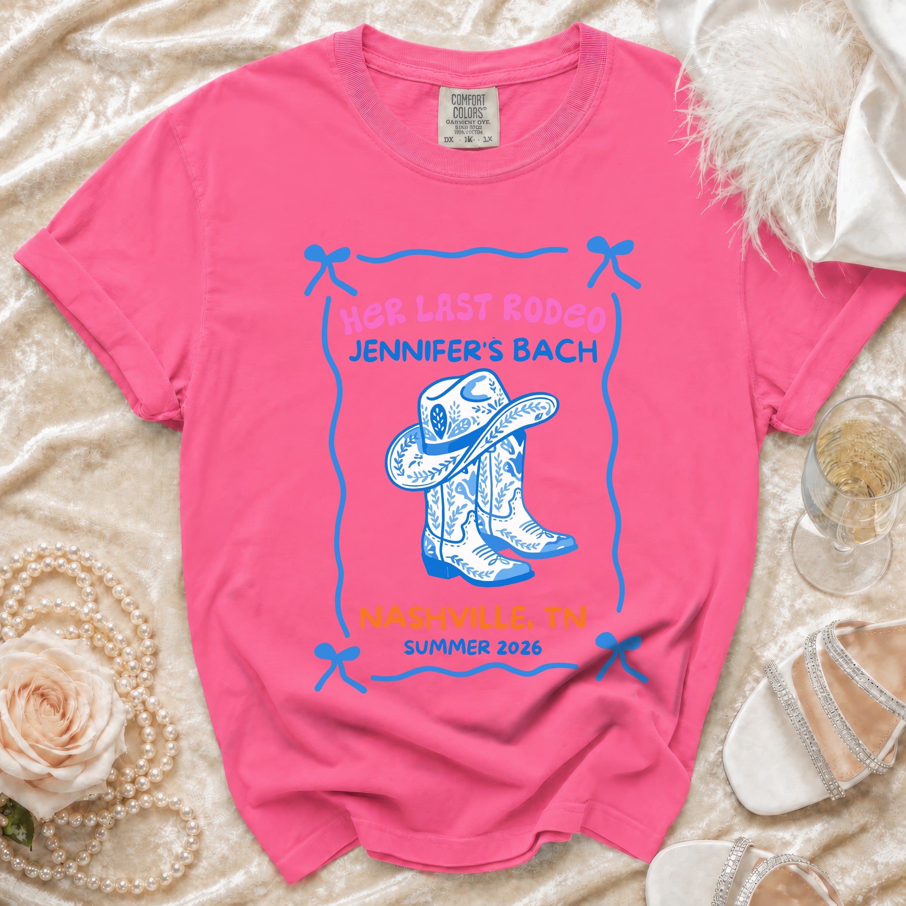 "Her Last Rodeo" bachelorette t-shirt with cowboy boots, personalized text, and Nashville, TN.