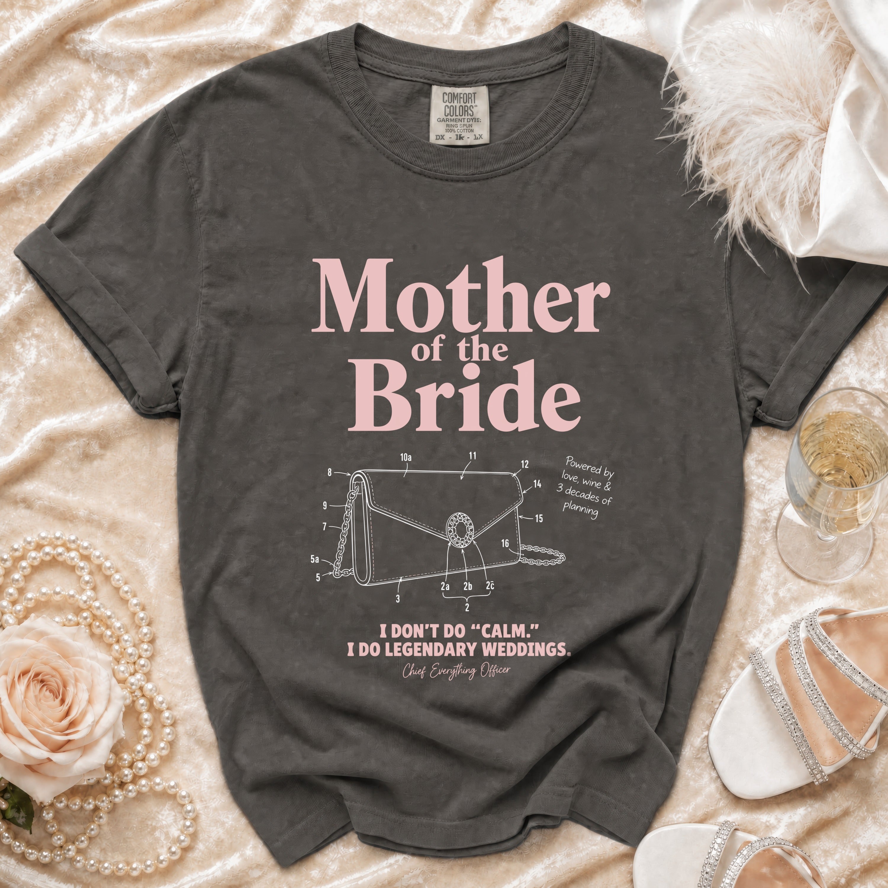 Mother of the Bride shirt with blueprint of a clutch and humorous wedding quote.